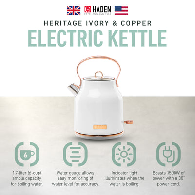 Haden Heritage 1.7L Stainless Steel Retro Electric Kettle, Ivory/Copper (Used) - VMInnovations