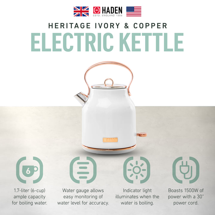 Haden 1.7 Liter Stainless Steel Electric Water Kettle, Ivory & Copper(Open Box)