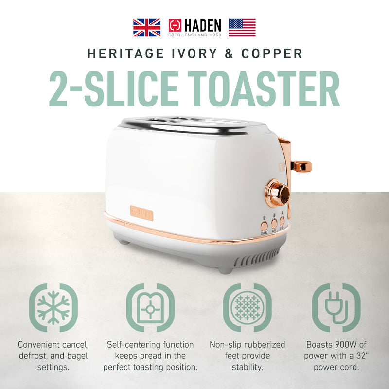 Haden 2 Slice Wide Slot Toaster w/Removable Crumb Tray, Ivory/Copper (Used)