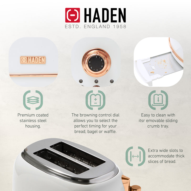 Haden Heritage 2 Slice Wide Slot Stainless Steel Toaster, Ivory & Copper