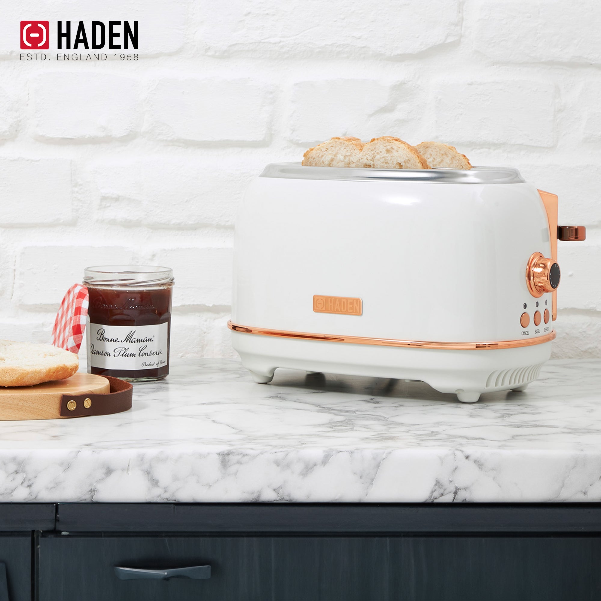 Haden 2 Slice Wide Slot Toaster w/Removable Crumb Tray, Ivory/Copper (Used) - VMInnovations
