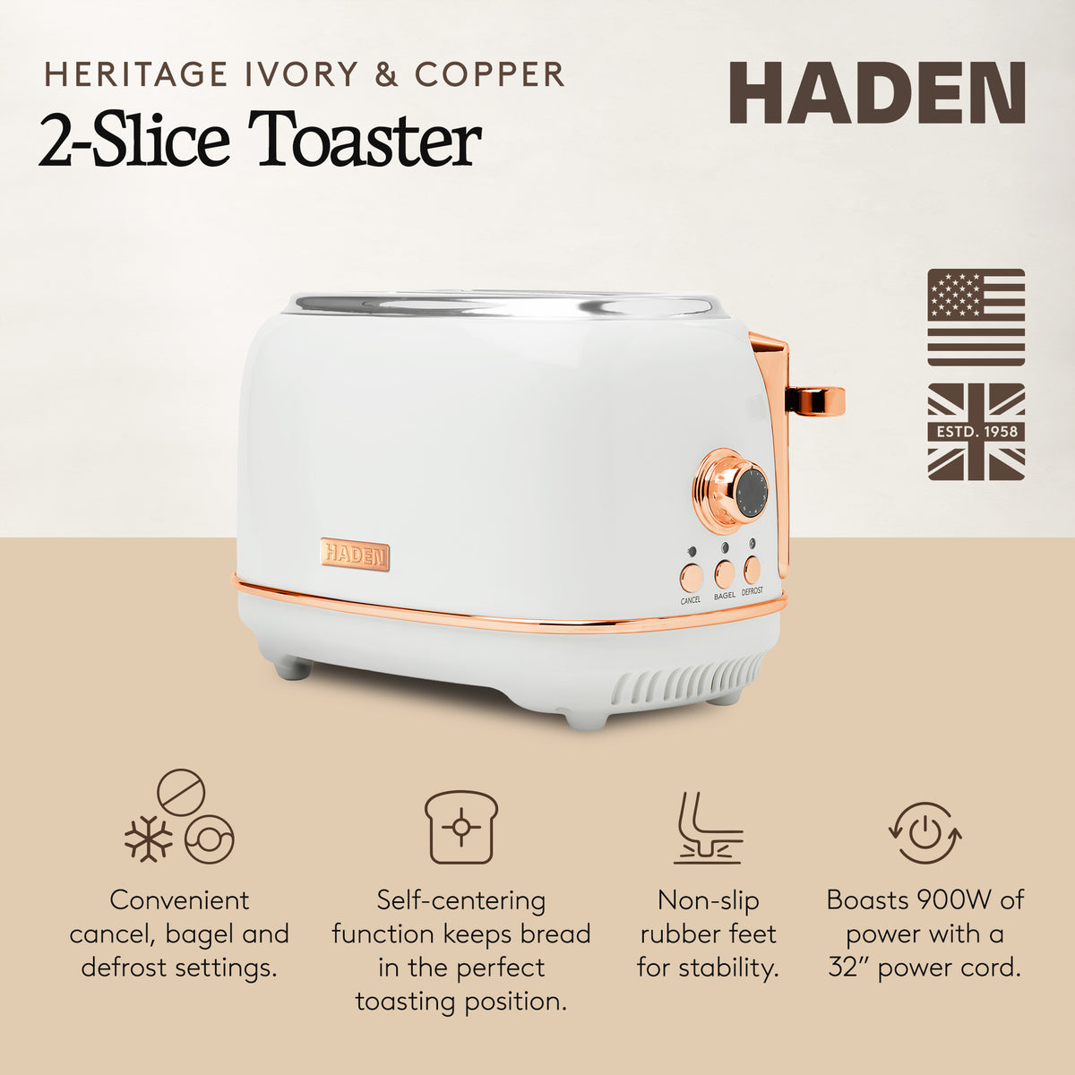 Haden Heritage 2 Slice Toaster with Removable Crumb Tray, Ivory/Copper(Open Box)