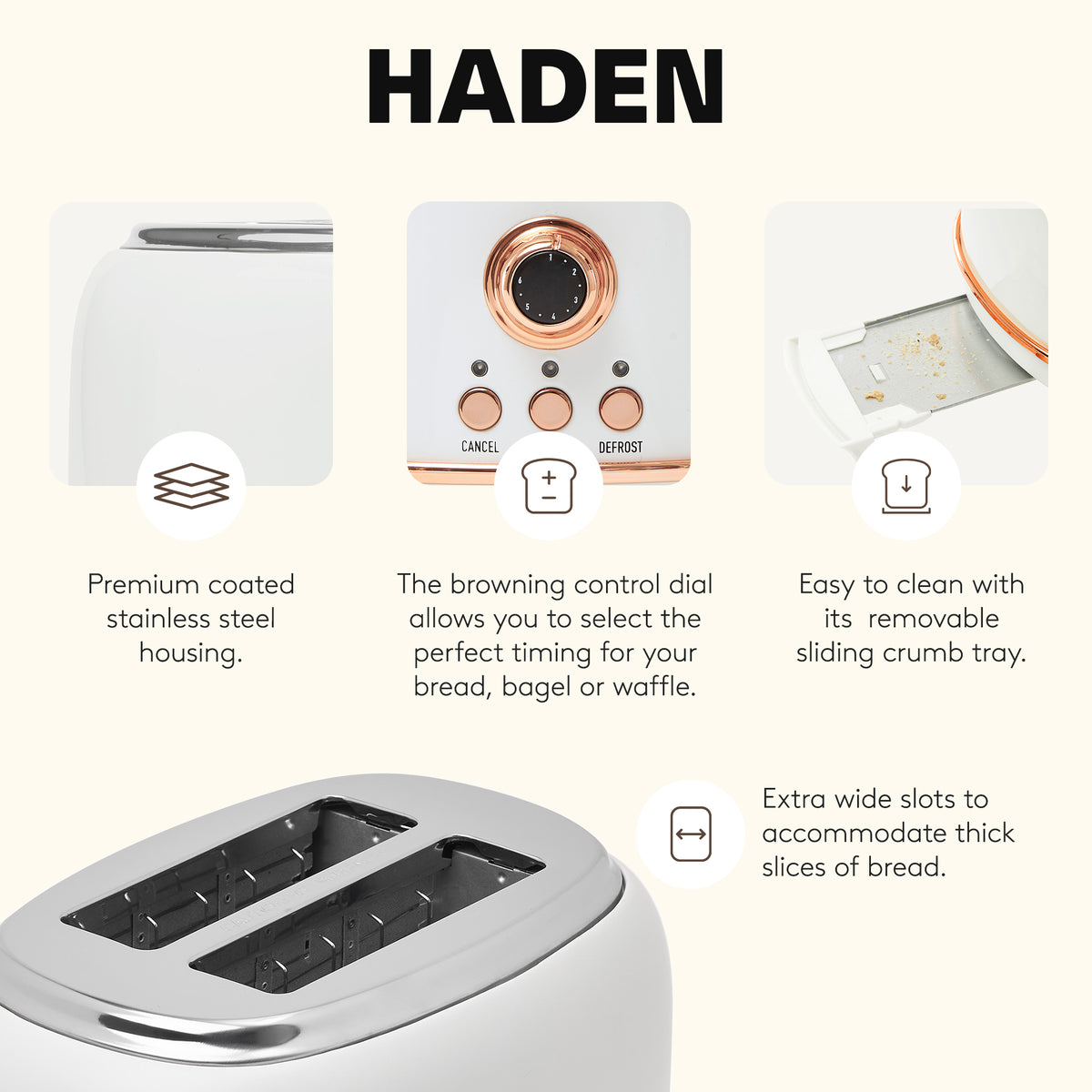 Haden Heritage 2 Slice Toaster with Removable Crumb Tray, Ivory/Copper(Open Box)