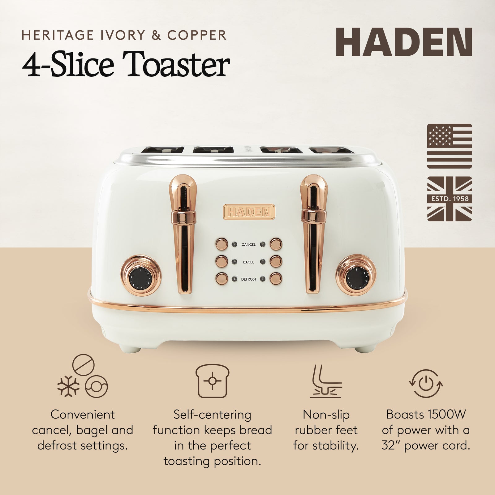 Haden Heritage 4 Slice Wide Slot Toaster w/Crumb Tray, Ivory/Copper (Open Box) - VMInnovations