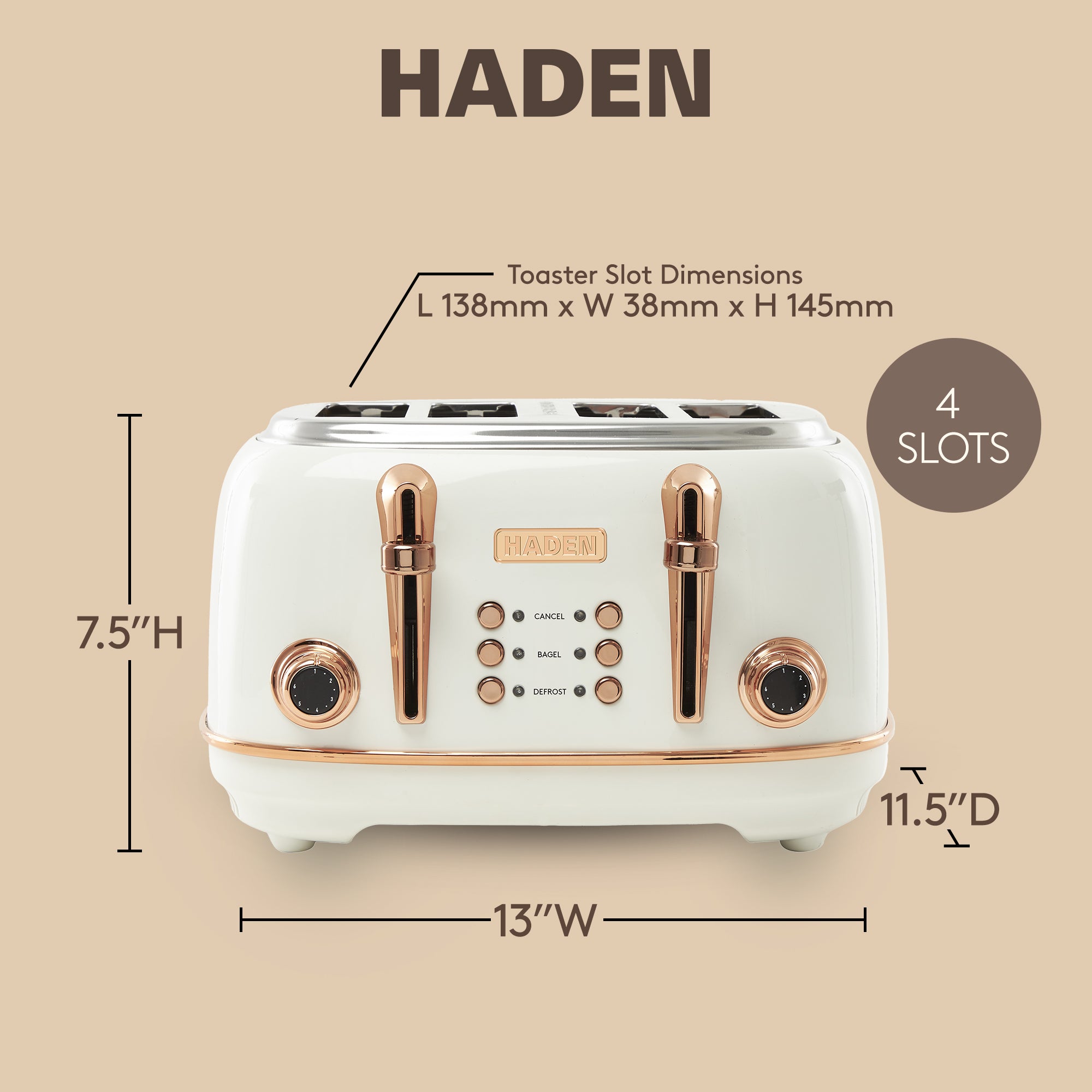 Haden Heritage 4 Slice Wide Slot Toaster w/Crumb Tray, Ivory/Copper (Open Box) - VMInnovations