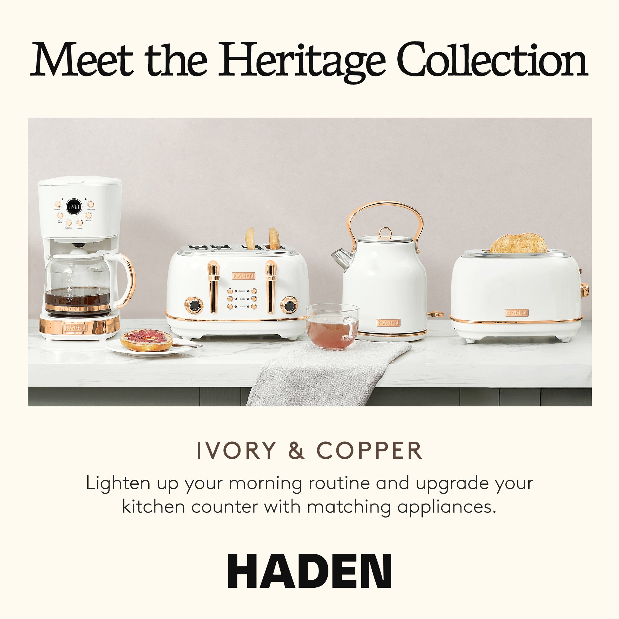 Haden Heritage 4 Slice Wide Slot Toaster w/Crumb Tray, Ivory/Copper (Open Box)
