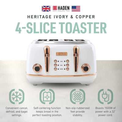 Haden 4 Slice Wide Slot Toaster w/Removable Crumb Tray, Ivory/Copper (Used) - VMInnovations