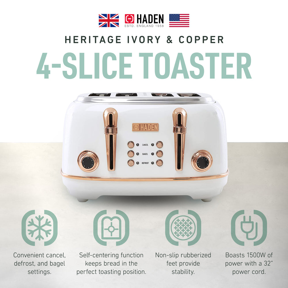 Haden 4 Slice Wide Slot Toaster w/Removable Crumb Tray, Ivory/Copper (Used) - VMInnovations