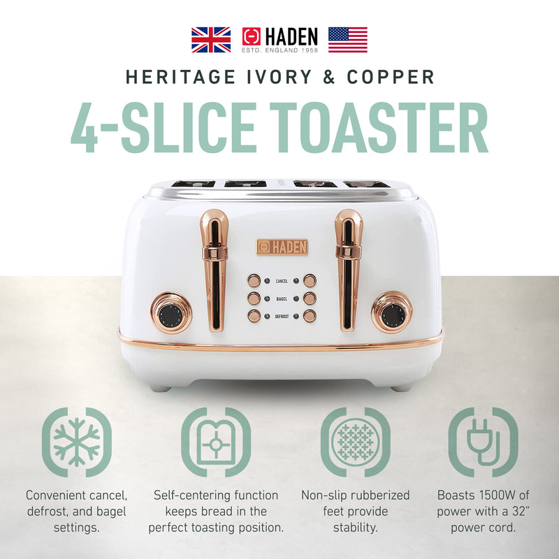 Haden Heritage 4 Slice Wide Slot Stainless Steel Toaster, Ivory & Copper