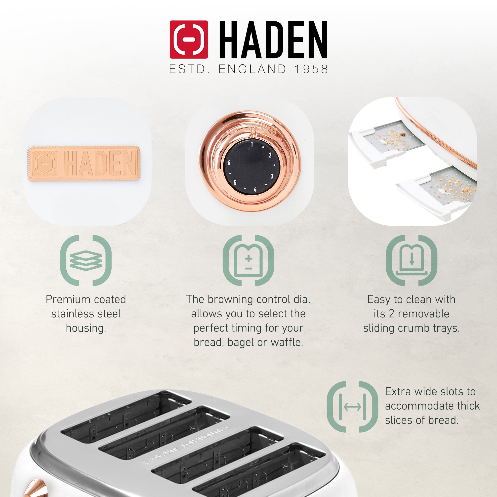 Haden 4 Slice Wide Slot Toaster w/Removable Crumb Tray, Ivory/Copper (Used) - VMInnovations