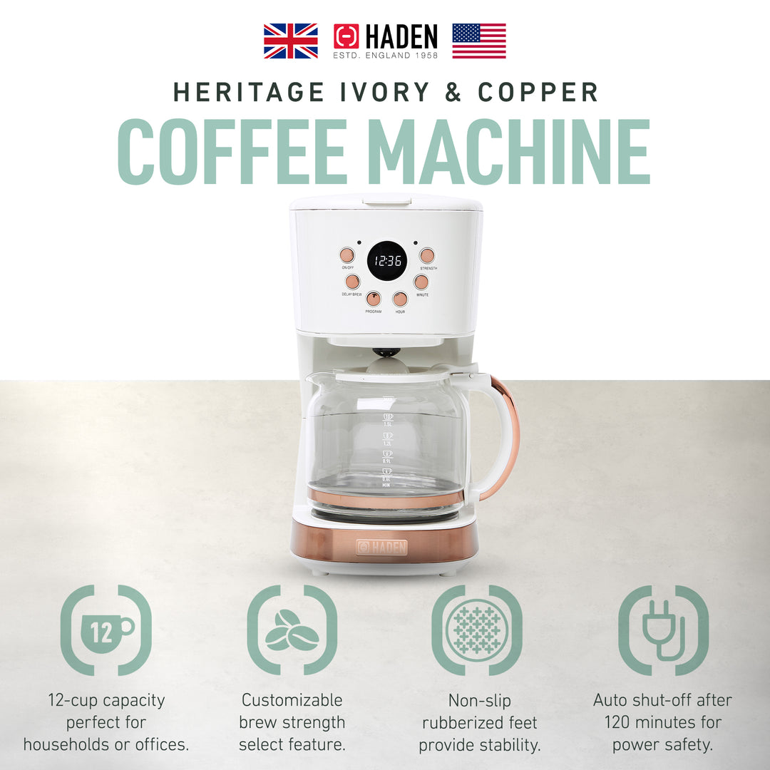 Haden Coffee Machine, 12 Cup Drip Coffee Maker, Ivory & Copper (Open Box)