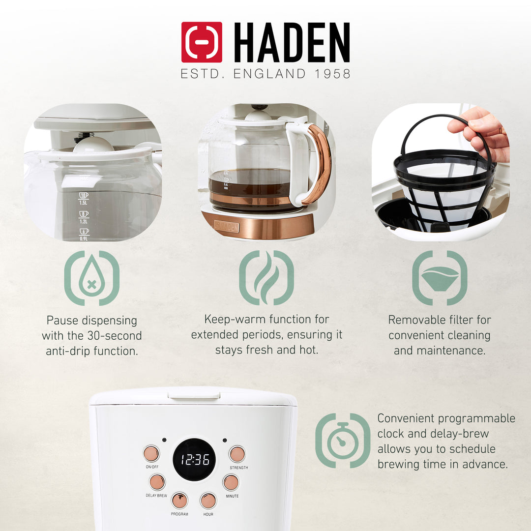 Haden Coffee Machine, 12 Cup Drip Coffee Maker, Ivory & Copper (Open Box)