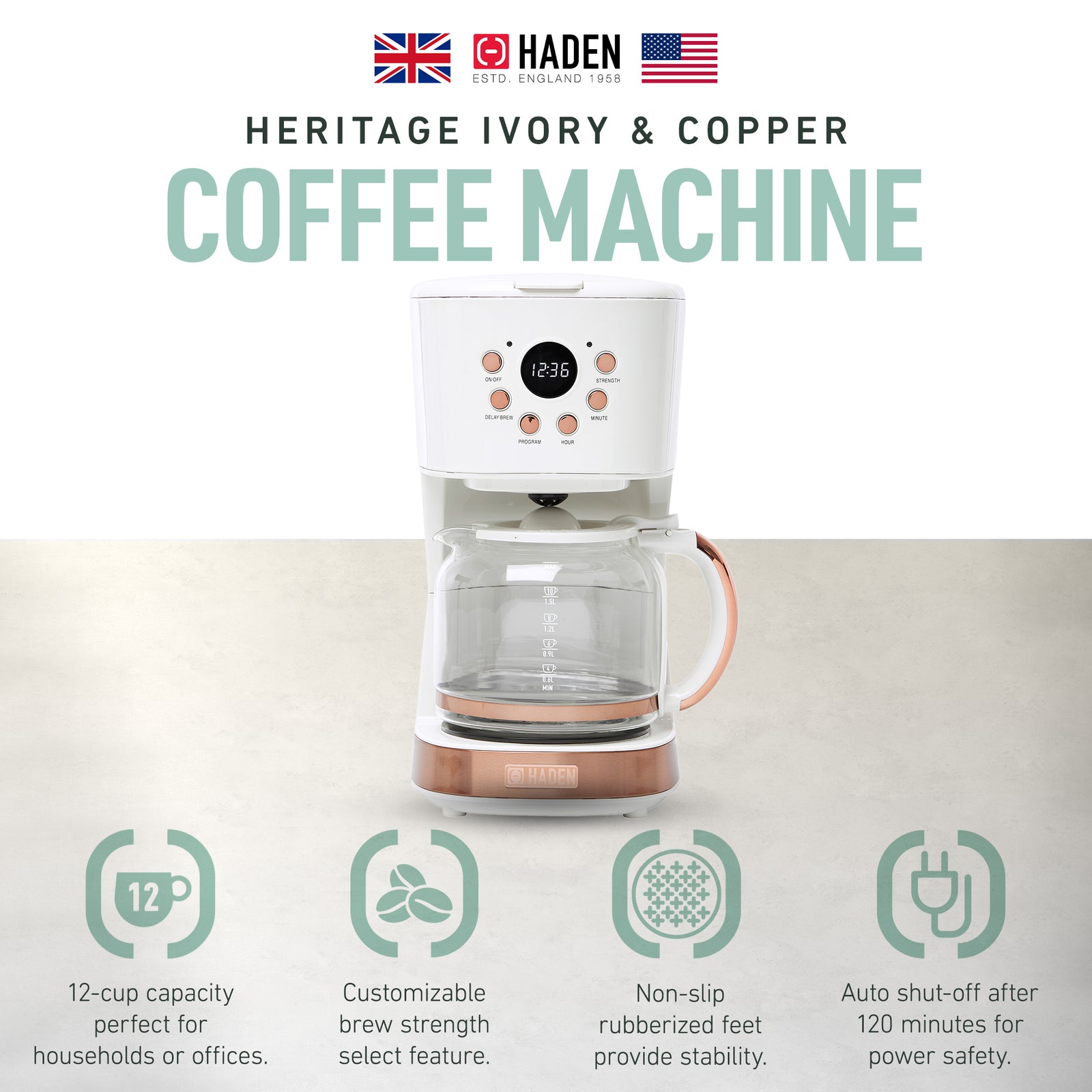 Haden Coffee Machine, 12 Cup Drip Coffee Maker, Ivory & Copper (Used) - VMInnovations