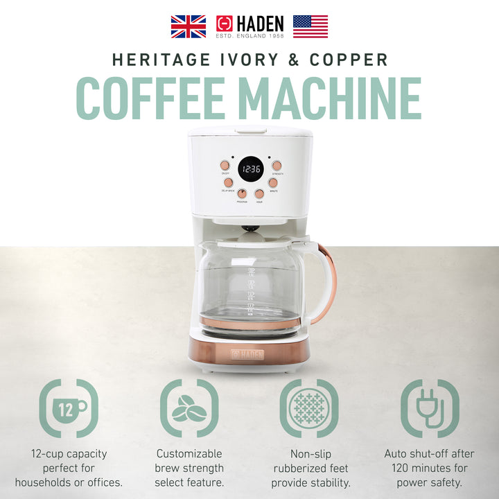 Haden Coffee Machine, 12 Cup Programmable Drip Coffee Maker, Ivory & Copper