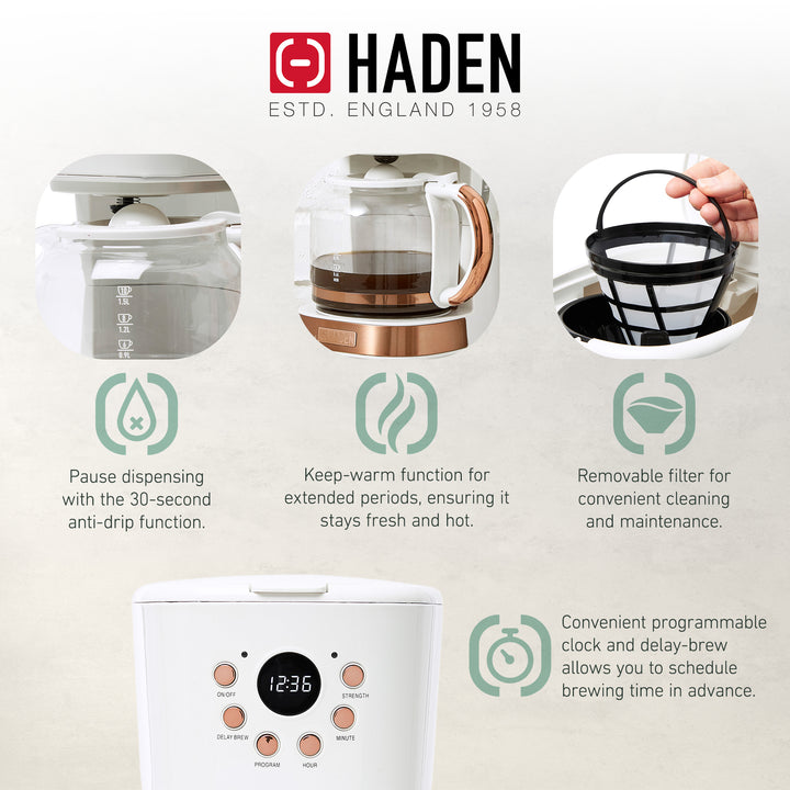 Haden Coffee Machine, 12 Cup Programmable Drip Coffee Maker, Ivory & Copper