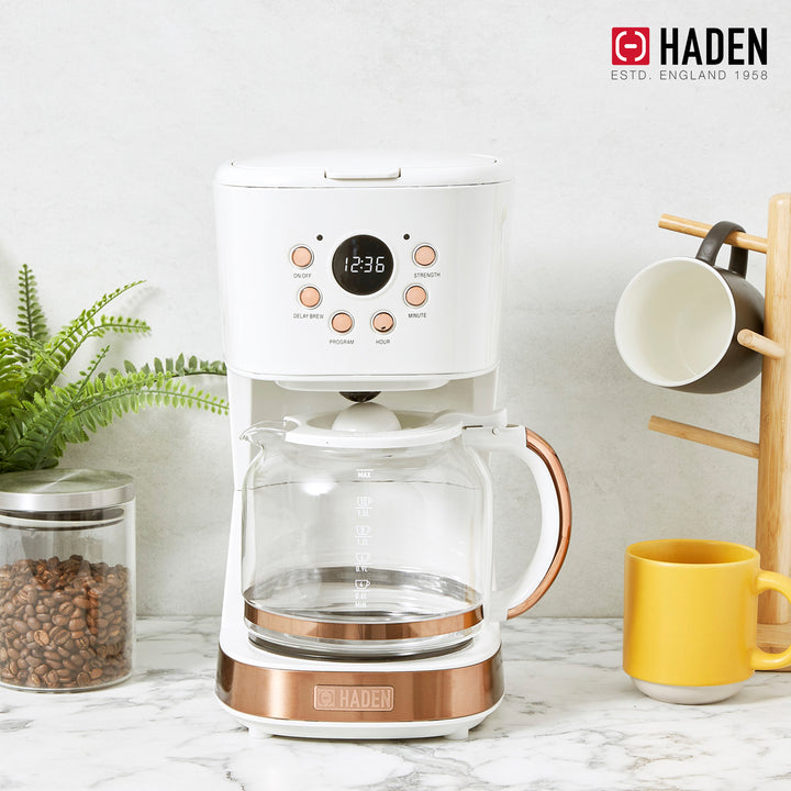 Haden Coffee Machine, 12 Cup Programmable Drip Coffee Maker, Ivory & Copper