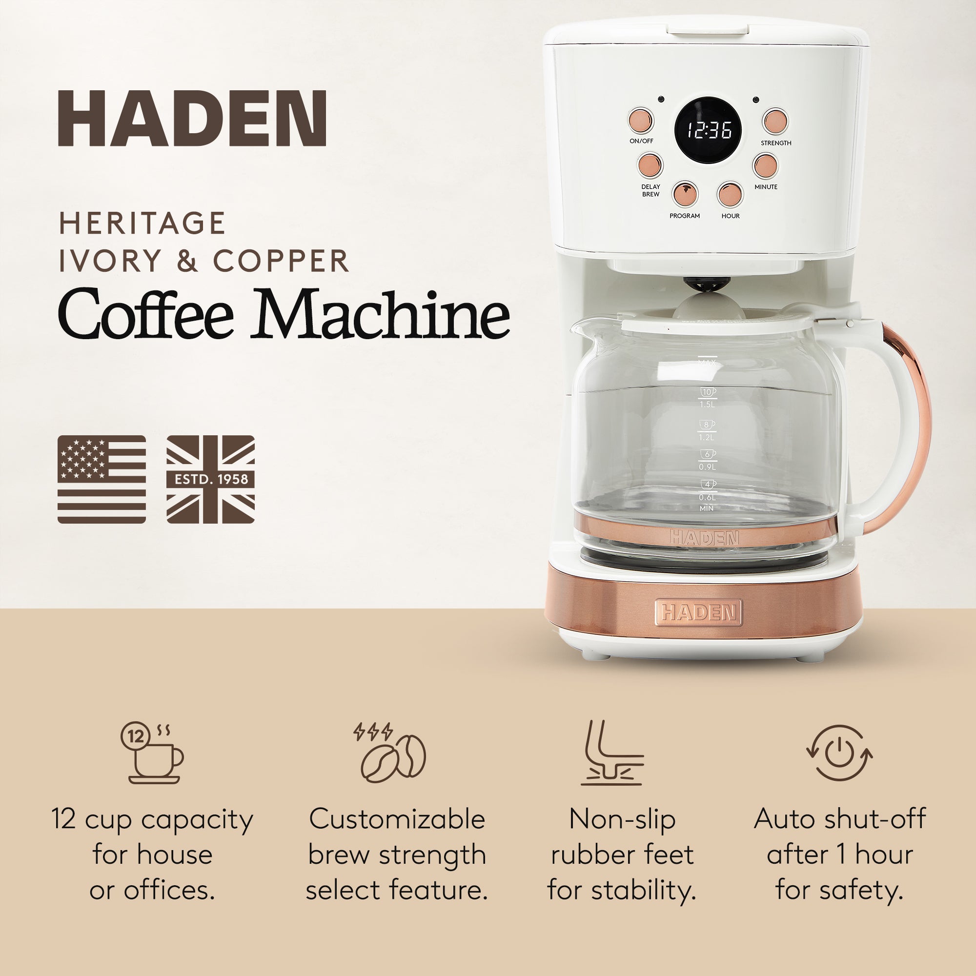Haden Heritage 12 Cup Programmable Retro Coffee Maker, Ivory/Copper (Used)