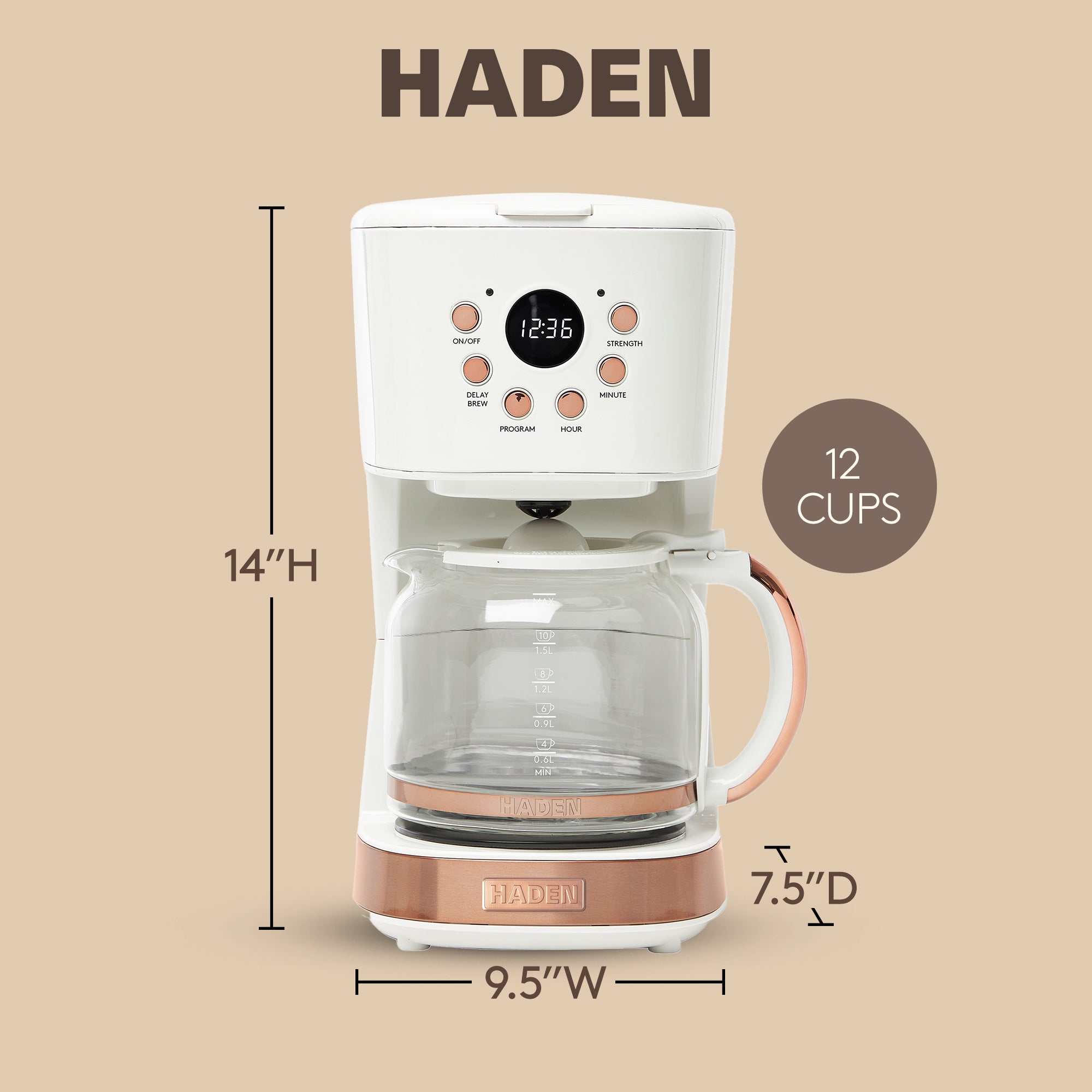 Haden Coffee Machine 12Cup Programmable Drip Coffee Maker Ivory/Copper(Open Box)