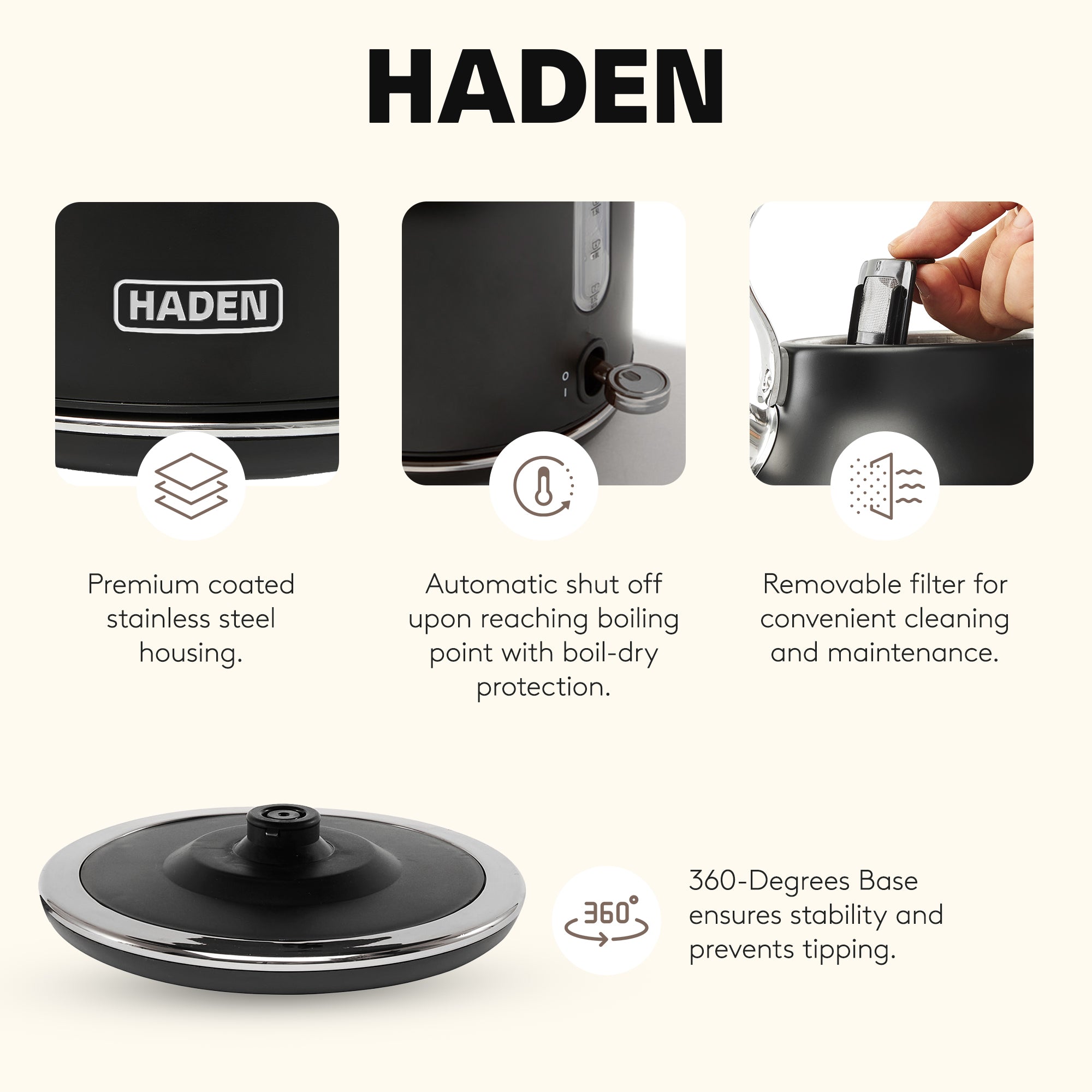 Haden Heritage 1.7 Liter Stainless Steel Electric Water Kettle, Black & Chrome - VMInnovations