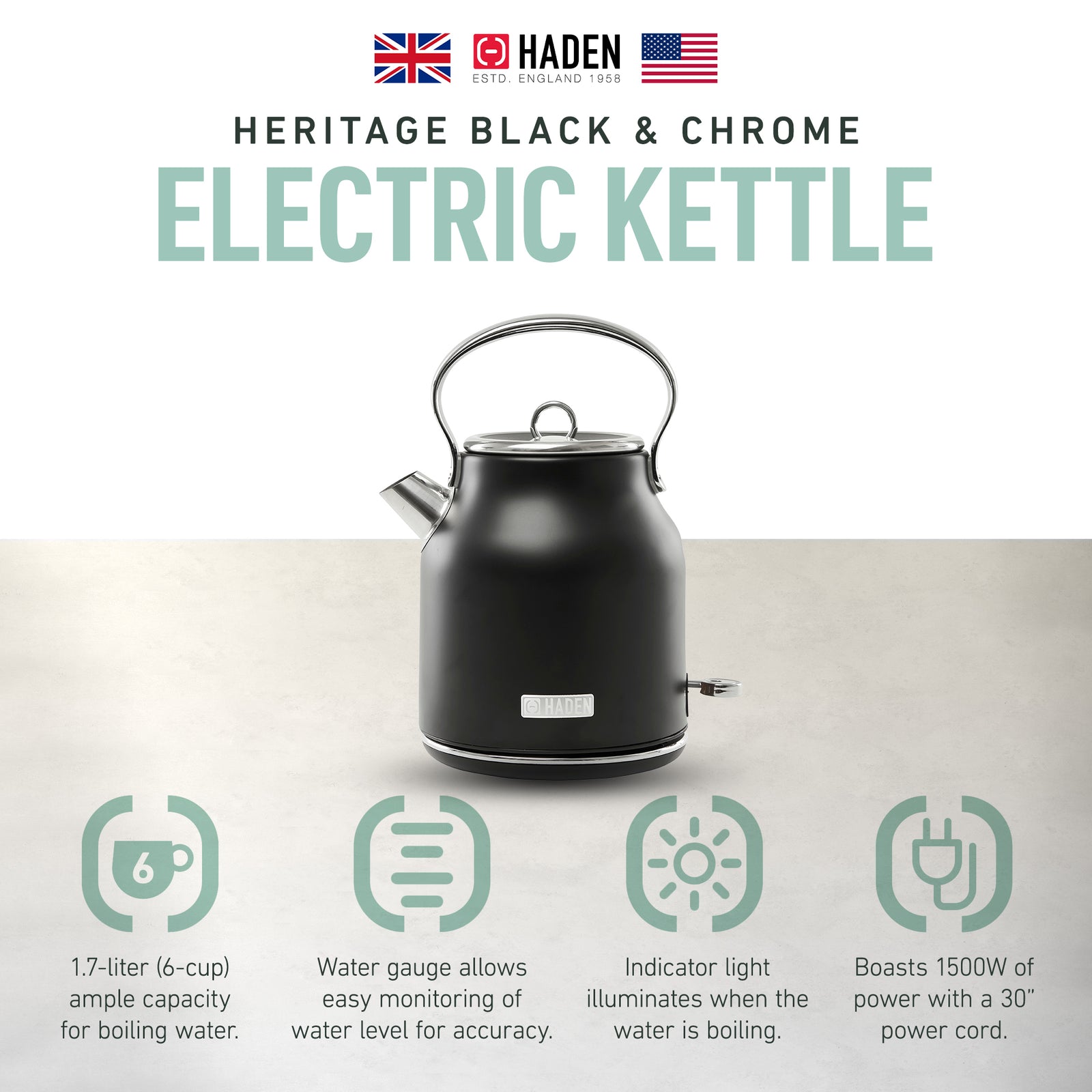 Haden Heritage 1.7 Liter Stainless Steel Electric Water Kettle, Black & Chrome - VMInnovations