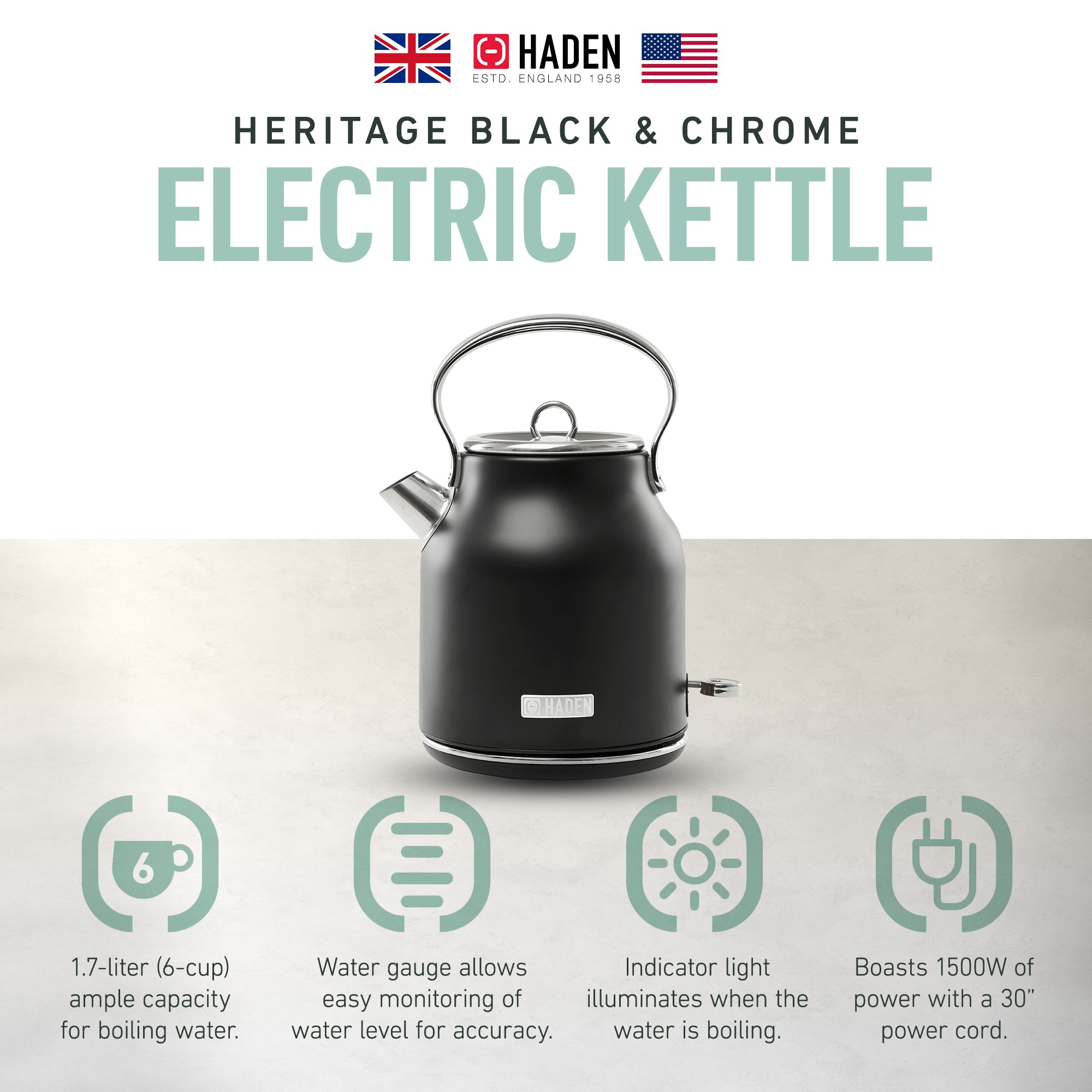Haden Heritage 1.7L Stainless Steel Body Electric Kettle, Black/Chrome (Used) - VMInnovations