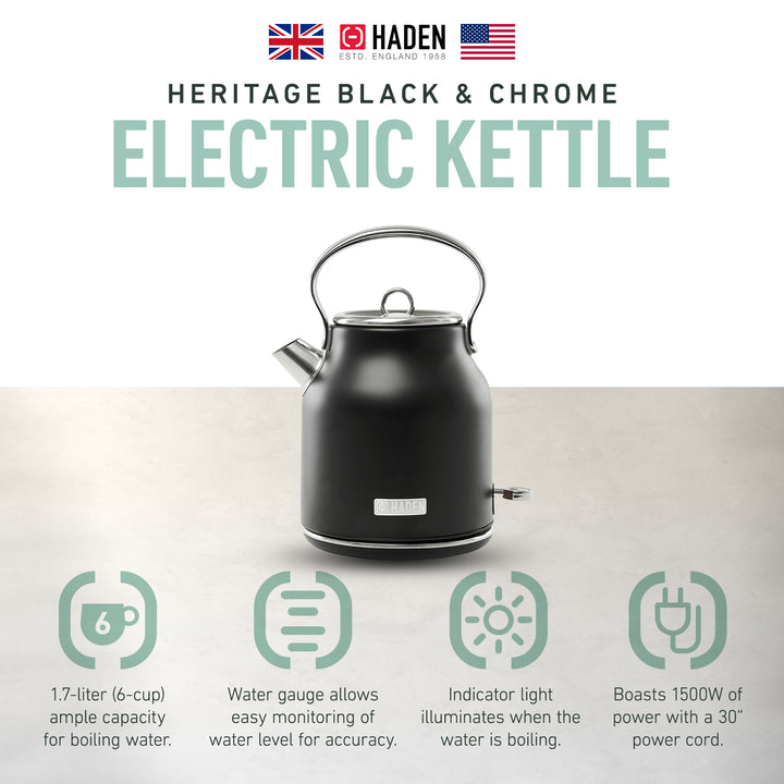 Haden Heritage 1.7L Stainless Steel Body Electric Kettle, Black/Chrome (Used)