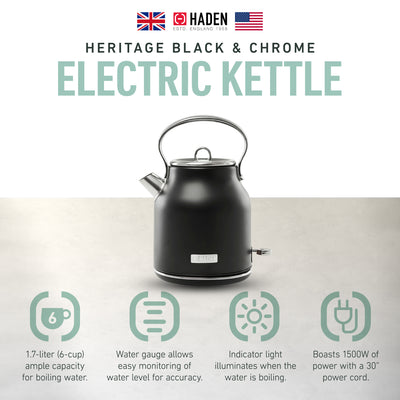 Haden 1.7L Stainless Steel Body Retro Electric Kettle, Black/Chrome (Open Box)