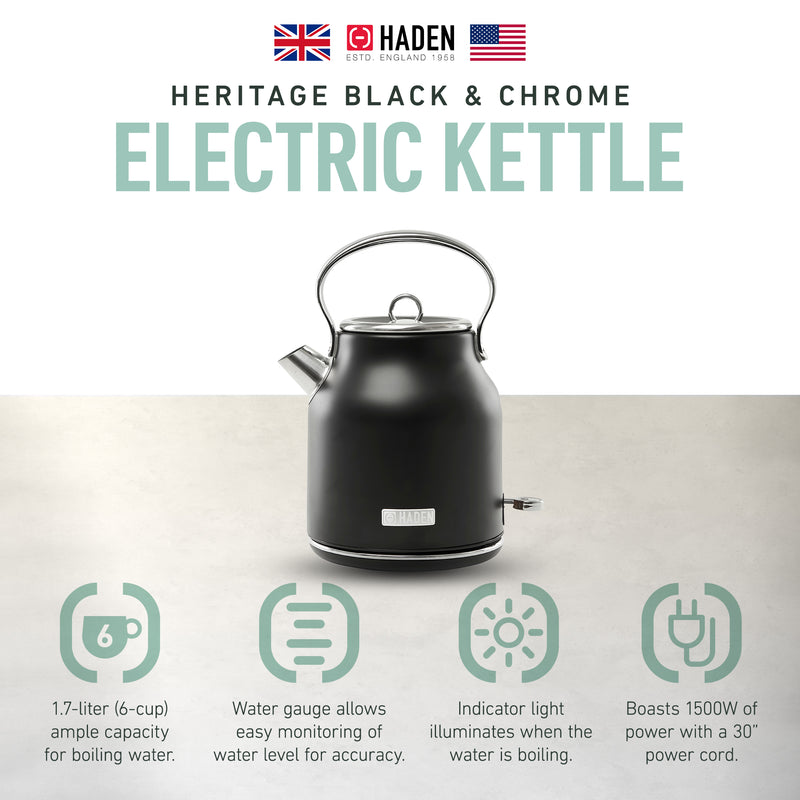 Haden 1.7L Stainless Steel Body Retro Electric Kettle, Black/Chrome (Open Box)