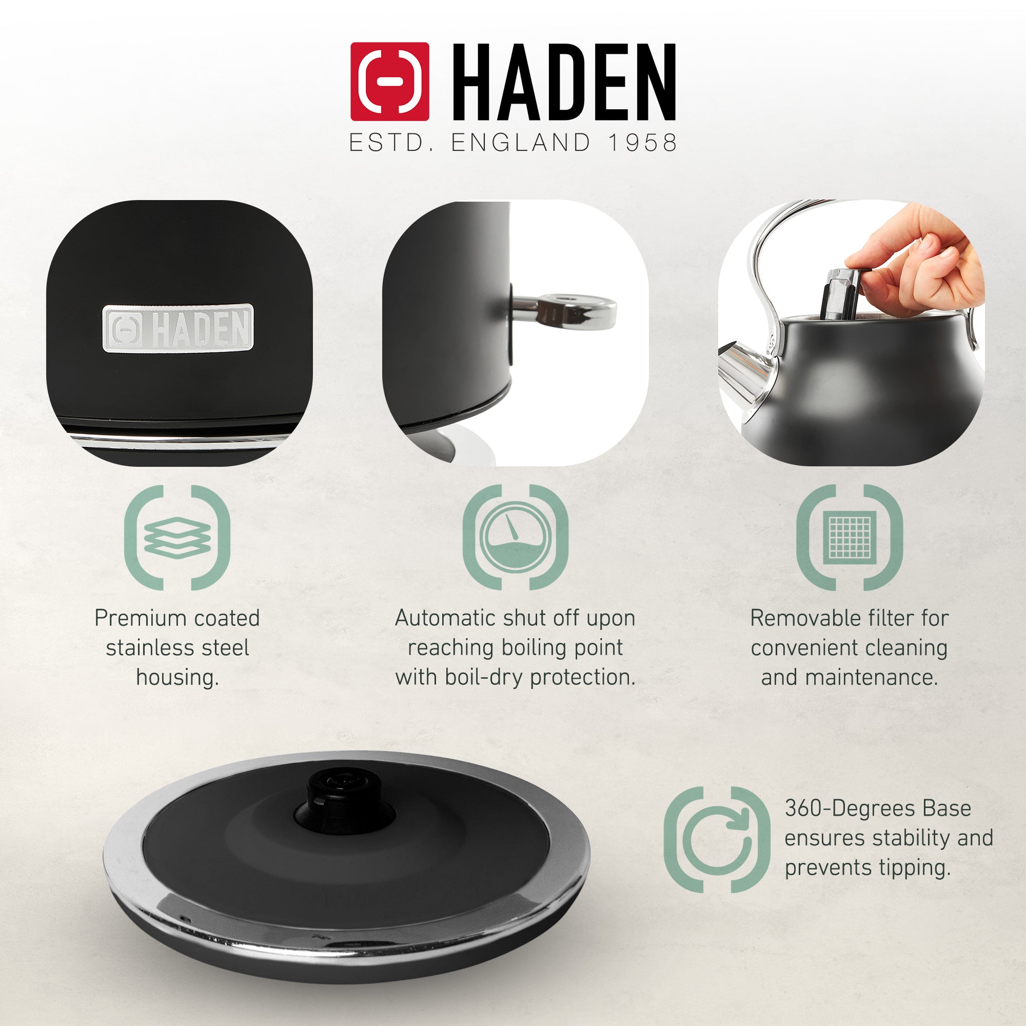 Haden 1.7L Stainless Steel Body Retro Electric Kettle, Black/Chrome (Open Box) - VMInnovations