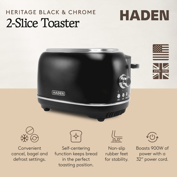 Haden Heritage 2 Slice Wide Slot Stainless Steel Toaster, Black & Chrome