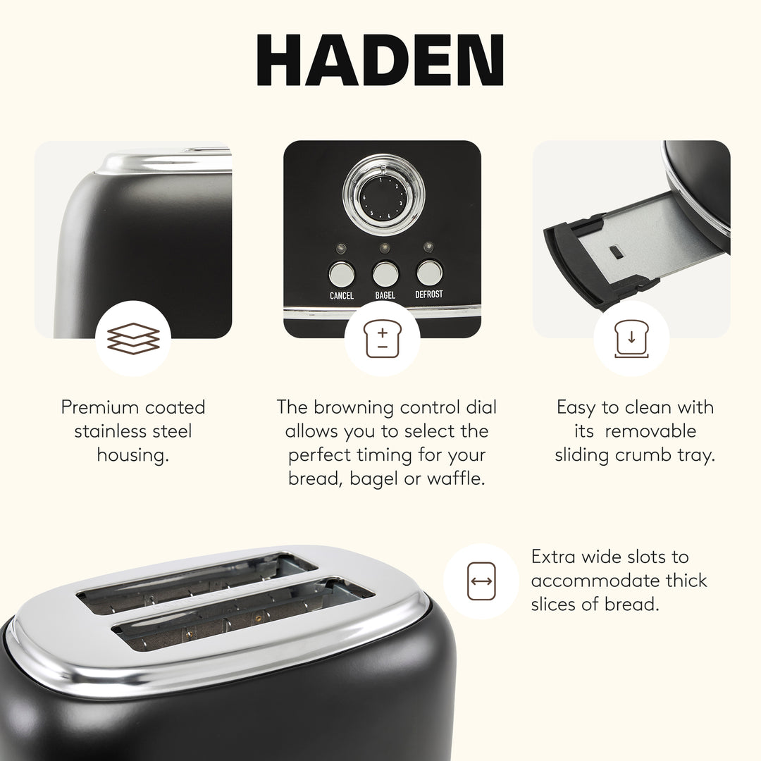 Haden Heritage 2 Slice Wide Slot Stainless Steel Toaster, Black & Chrome