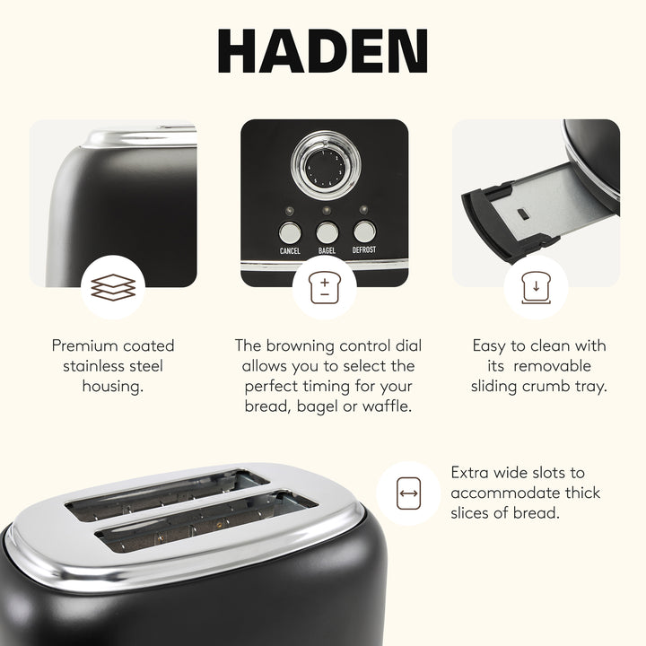 Haden Heritage 2 Slice Wide Slot Toaster w/Crumb Tray, Black/Chrome (Open Box)