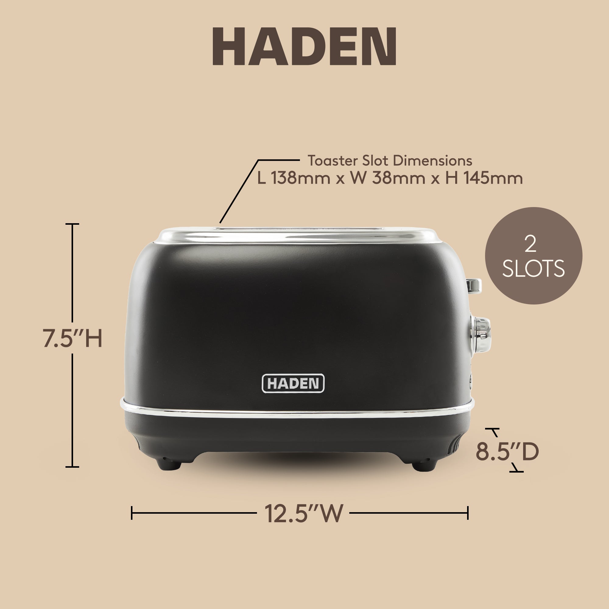 Haden Heritage 2 Slice Wide Slot Toaster w/Crumb Tray, Black/Chrome (Open Box)