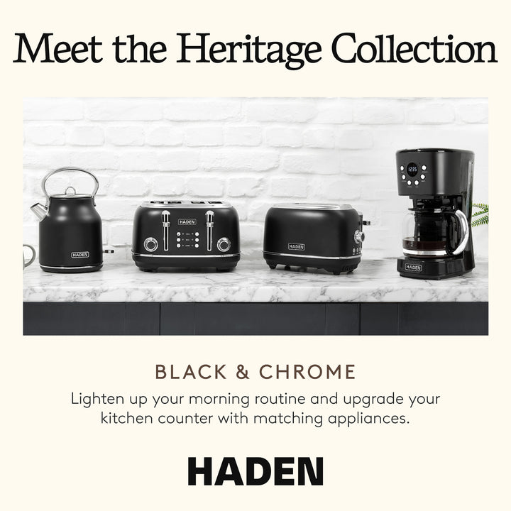Haden Heritage 2 Slice Wide Slot Toaster w/Crumb Tray, Black/Chrome (Open Box)