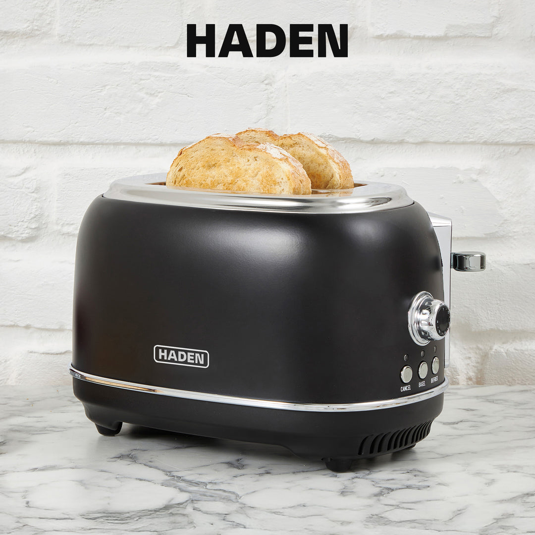Haden Heritage 2 Slice Wide Slot Toaster w/Crumb Tray, Black/Chrome (Open Box)