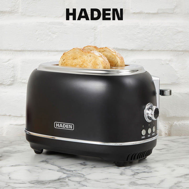 Haden Heritage 2 Slice Wide Slot Toaster w/Crumb Tray, Black/Chrome (Open Box)