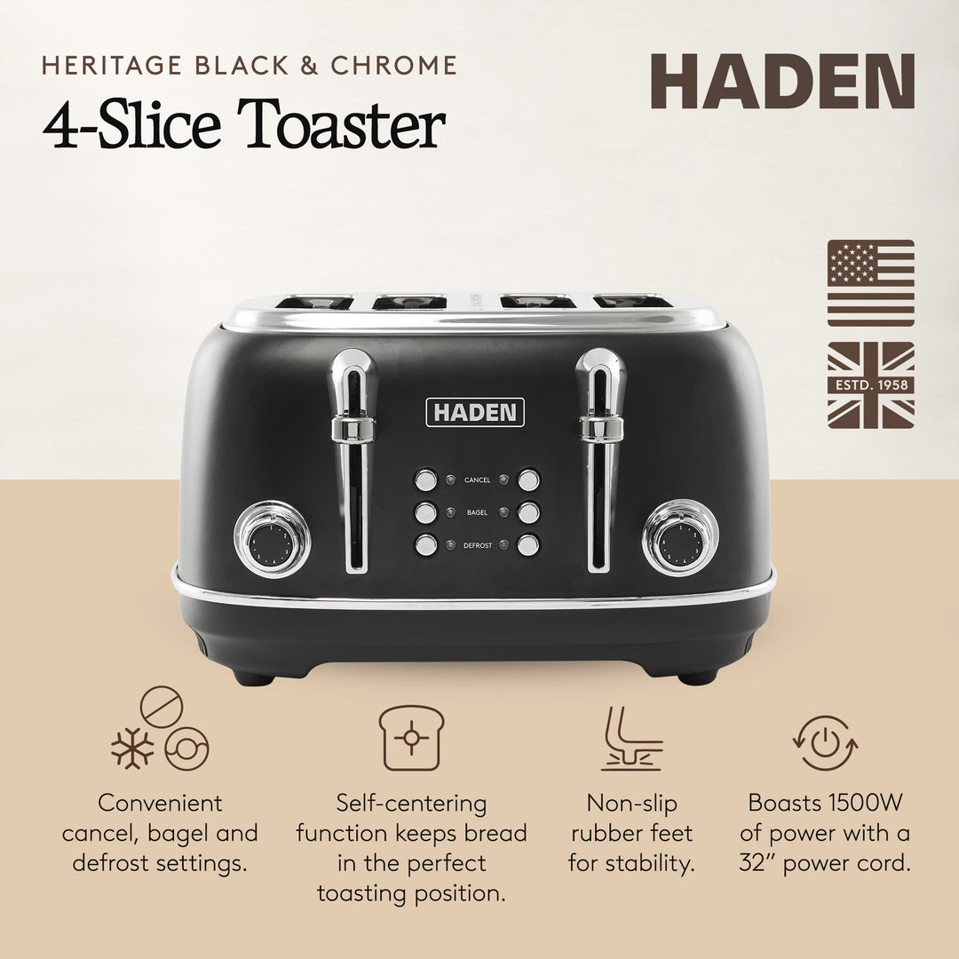 Haden Heritage 4 Slice Wide Slot Stainless Steel Toaster, Black & Chrome