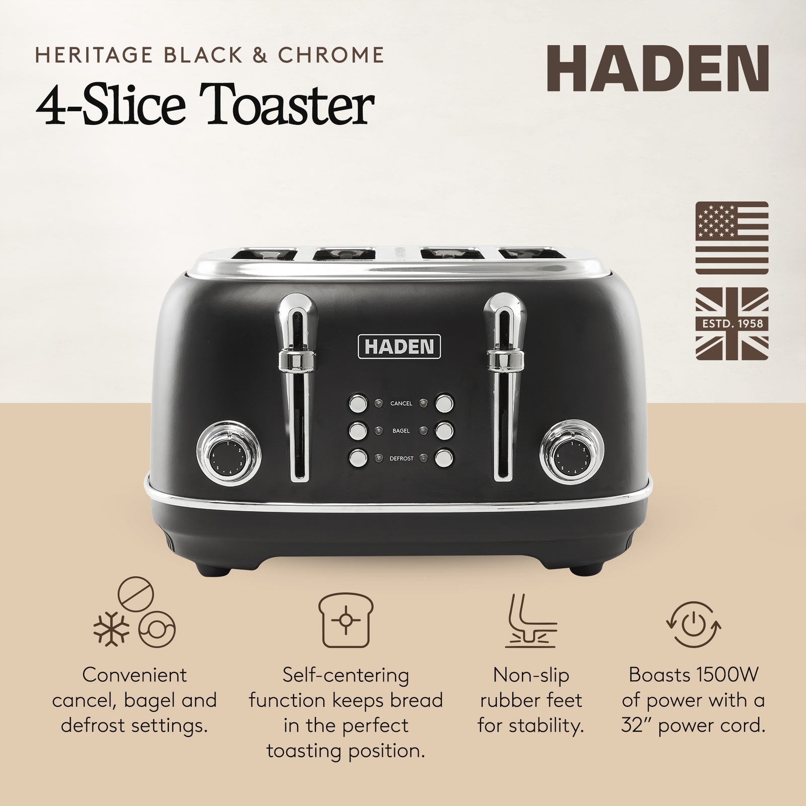 Haden Heritage 4 Slice Wide Slot Stainless Steel Toaster, Black & Chrome - VMInnovations