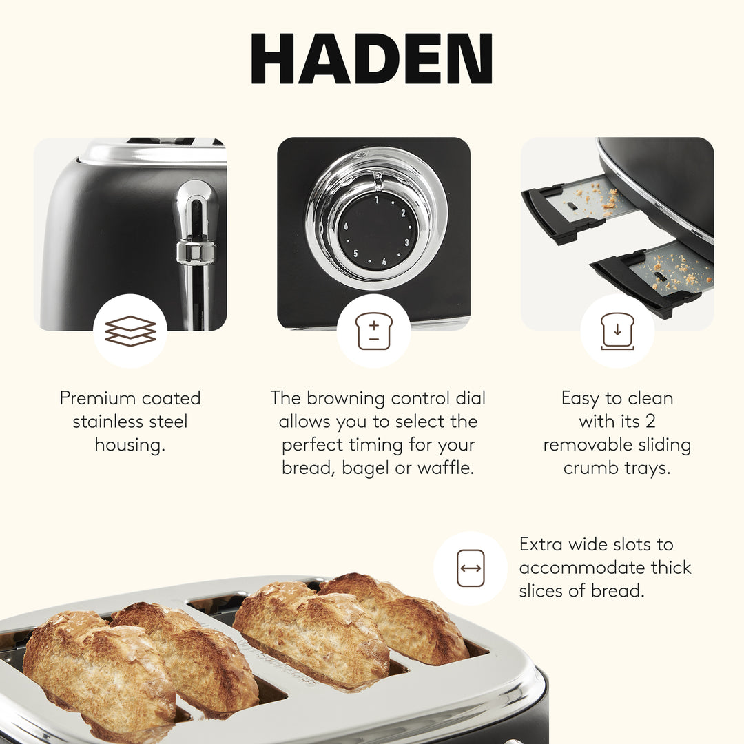 Haden Heritage 4 Slice Slot Toaster w/ Removable Crumb Tray, Black/Chrome(Used)