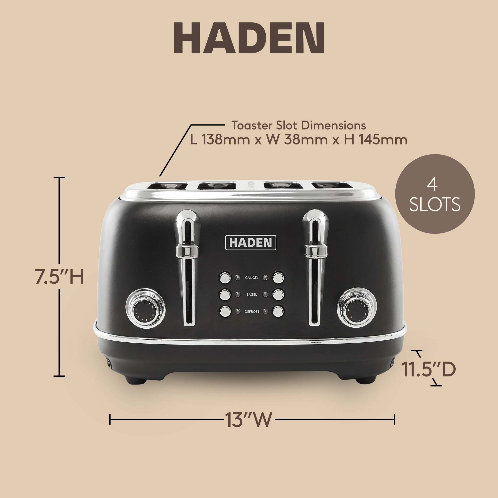 Haden 4 Slice Wide Slot Toaster with Removable Crumb Tray,Black/Chrome(Open Box)