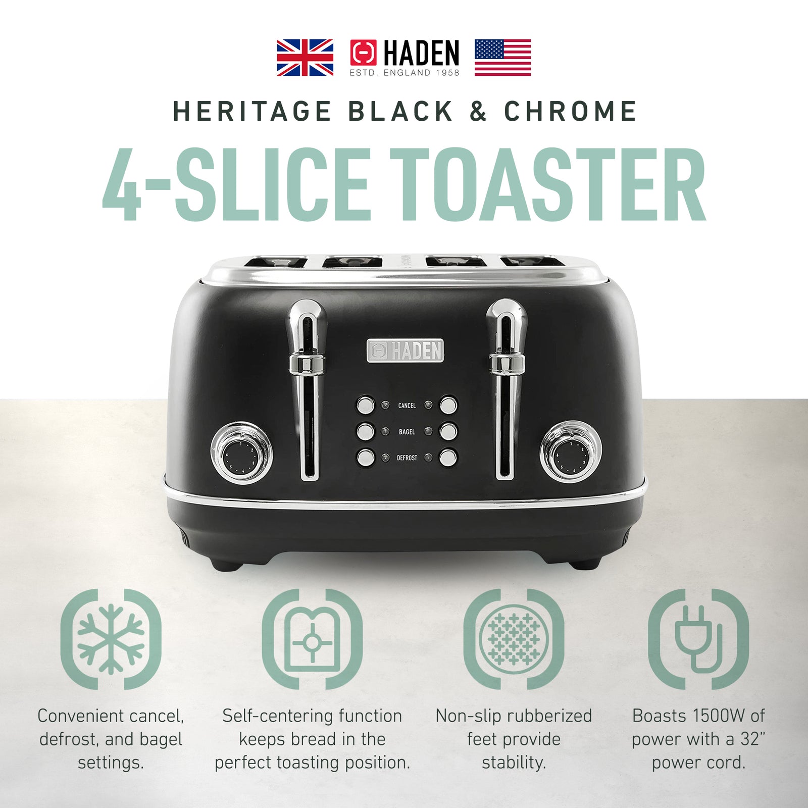 Haden Heritage 4 Slice Slot Toaster w/ Removable Crumb Tray, Black/Chrome(Used) - VMInnovations