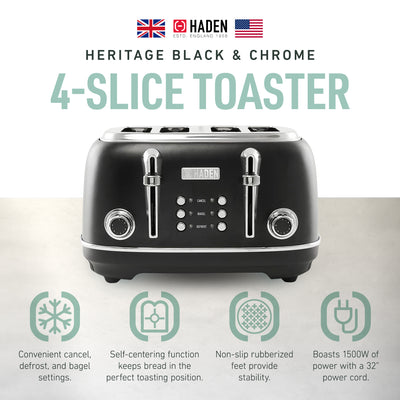 Haden Heritage 4 Slice Wide Slot Stainless Steel Toaster, Black & Chrome