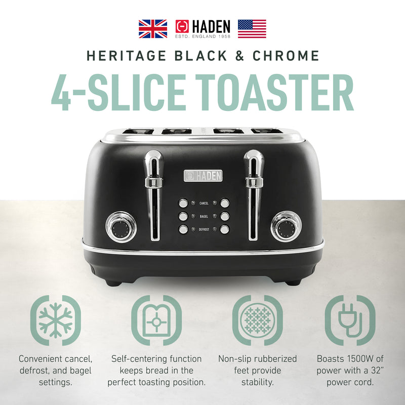 Haden 4 Slice Wide Slot Toaster with Removable Crumb Tray,Black/Chrome(Open Box)