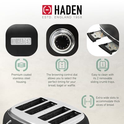 Haden 4 Slice Wide Slot Toaster with Removable Crumb Tray,Black/Chrome(Open Box)