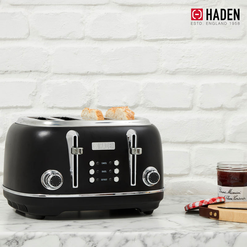 Haden Heritage 4 Slice Wide Slot Stainless Steel Toaster, Black & Chrome