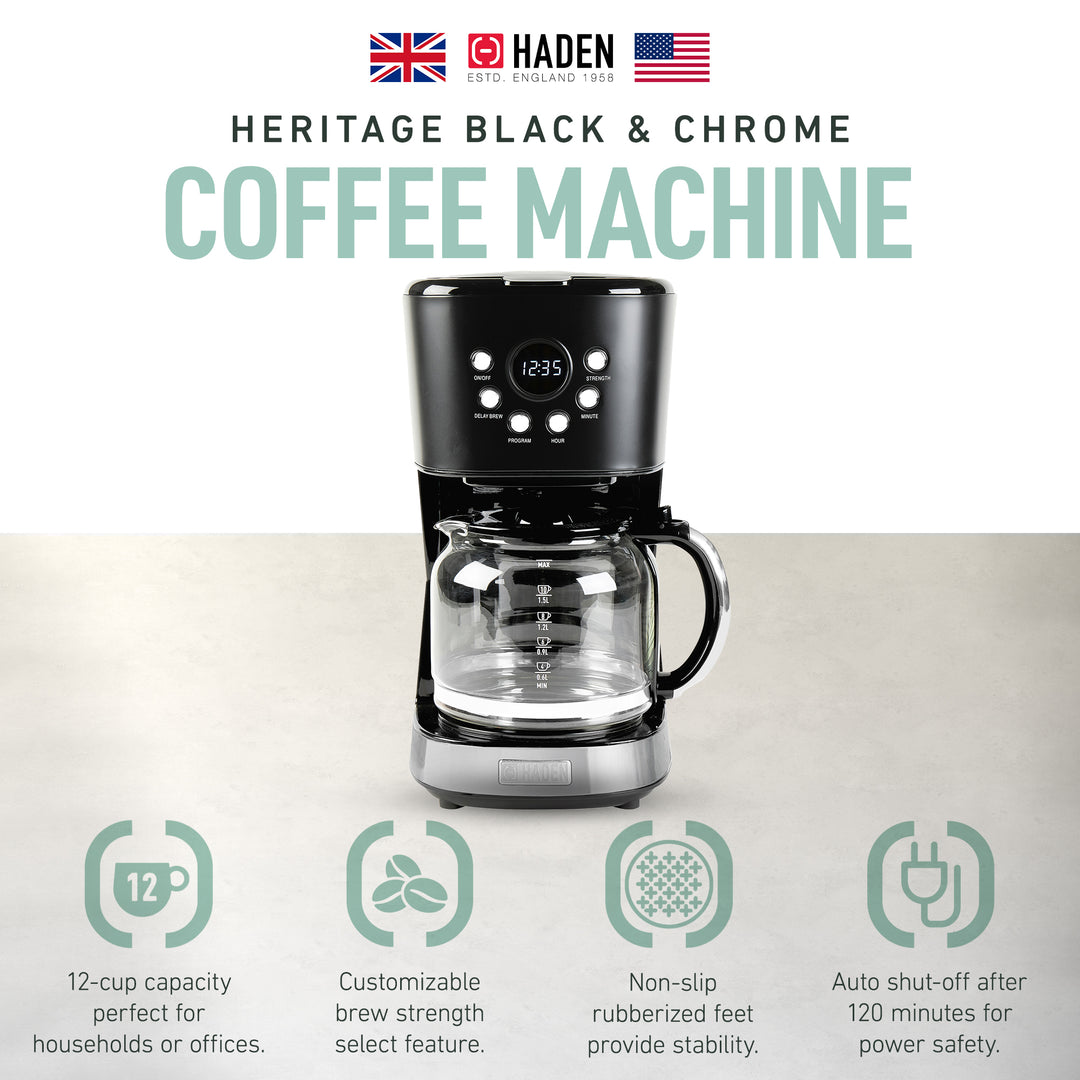 Haden Coffee Machine, 12 Cup Programmable Drip Coffee Maker, Black & Chrome