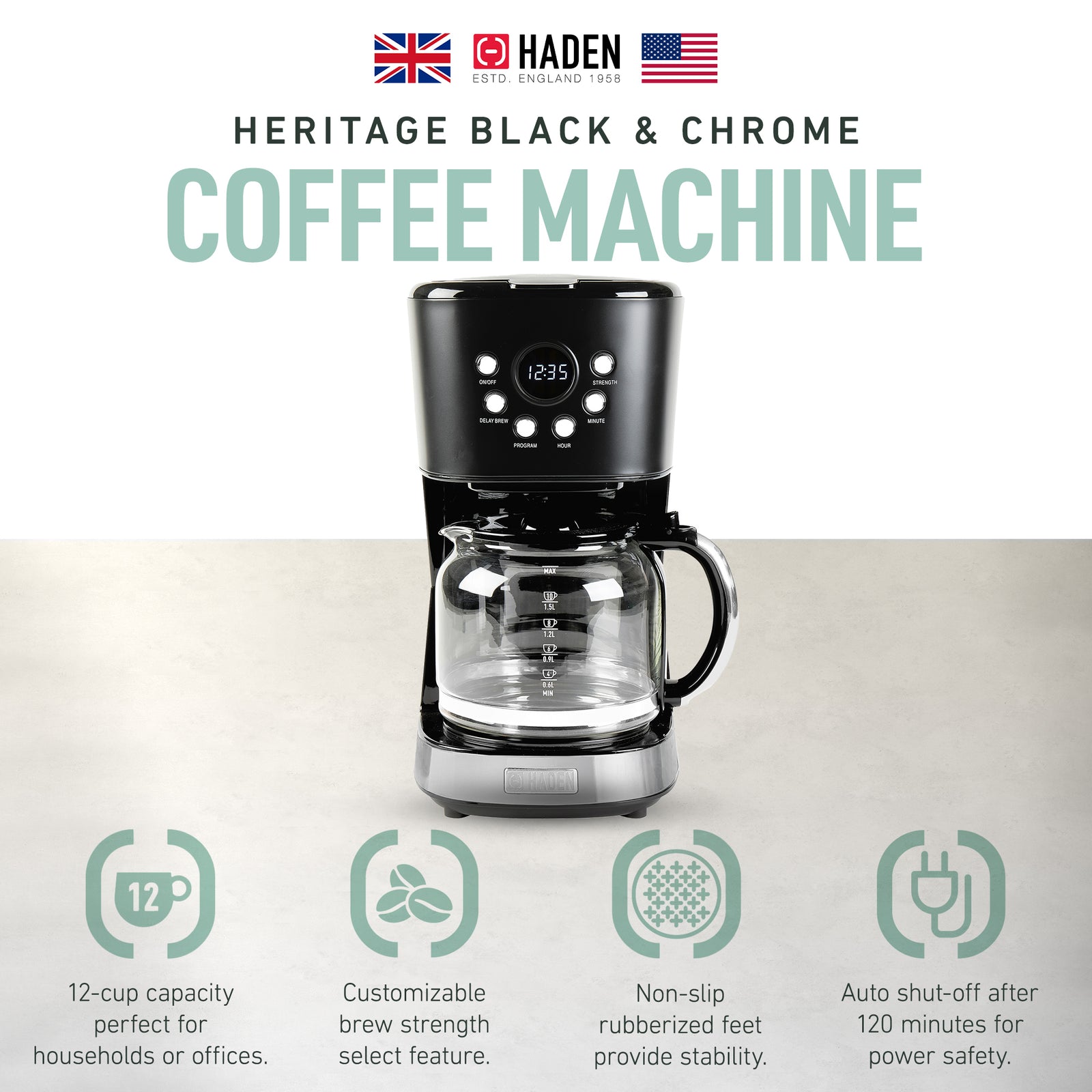 Haden Heritage 12 Cup Programmable Retro Coffee Maker Machine,Black/Chrome(Used) - VMInnovations