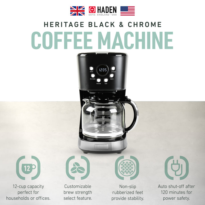 Haden Heritage 12 Cup Programmable Retro Coffee Maker Machine,Black/Chrome(Used)