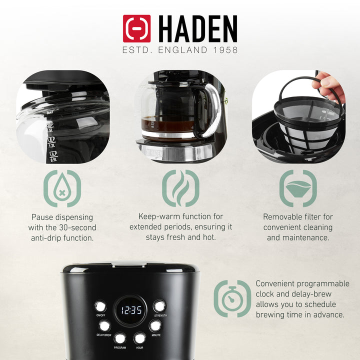 Haden Coffee Machine, 12 Cup Programmable Drip Coffee Maker, Black & Chrome