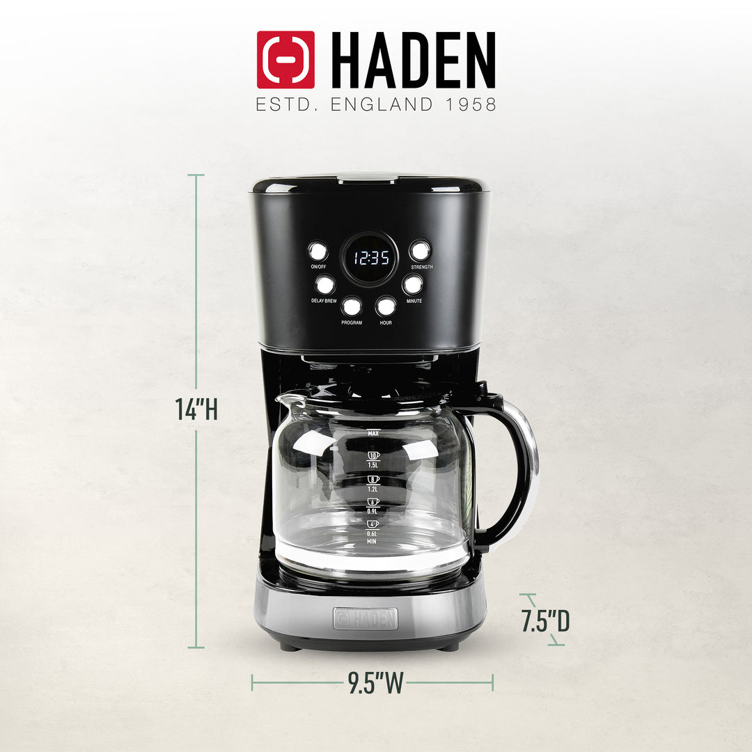 Haden Coffee Machine, 12 Cup Programmable Drip Coffee Maker, Black & Chrome